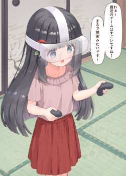 1girl black_hair blue_eyes blunt_ends commentary_request controller game_controller head-mounted_display holding holding_controller holding_game_controller indoors long_hair makigai makino_yuka_(makigai) open_mouth original pink_shirt pleated_skirt red_skirt shirt short_sleeves skirt solo speech_bubble tatami translation_request x-ray