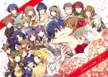 Rule 34 | 00s, 6+boys, 6+girls, :d, ;d, ^ ^, antenna hair, black hair, blonde hair, blue eyes, brown eyes, brown hair, casual, cat, character request, clannad, closed eyes, dress, everyone, closed eyes, frills, fujibayashi kyou, fujibayashi ryou, furukawa akio, furukawa nagisa, furukawa sanae, green eyes, green hair, grin, hair ornament, hairband, ibuki fuuko, ibuki kouko, ichinose kotomi, key (company), kiss, koumura toshio, long hair, low-tied long hair, miyazawa yukine, multiple boys, multiple girls, okazaki naoyuki, okazaki shino, okazaki tomoya, one eye closed, open mouth, purple eyes, purple hair, red hair, sagara misae, sakagami tomoyo, school uniform, shima katsuki, short hair, siblings, silver hair, sisters, smile, stuffed animal, stuffed toy, sunohara mei, sunohara youhei, takumi (scya), teddy bear, twins, twintails, two side up, veil, wedding dress, yellow eyes, yoshino yuusuke