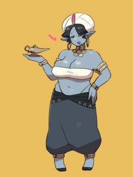 1girl bindi black_hair blue_skin breasts cleavage colored_skin earrings genie_mama_(siva-siva) highres hoop_earrings jewelry large_breasts long_pointy_ears navel oil_lamp original pointy_ears short_hair simple_background siva-siva white_turban yellow_background