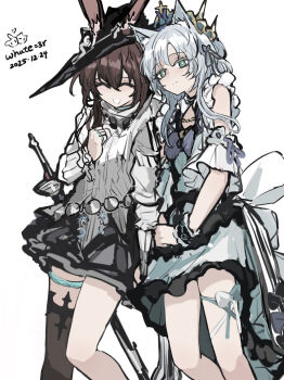 2girls ^_^ absurdres amiya_(arknights) amiya_(guard)_(in_a_myriad_of_universes)_(arknights) animal_ear_fluff animal_ears arknights black_hat brown_hair cat_ears cat_girl closed_eyes closed_mouth commentary dated dress english_commentary green_eyes grey_hair hat highres infection_monitor_(arknights) long_hair long_sleeves multiple_girls official_alternate_costume parted_lips rabbit_ears rosmontis_(an_airy_dream)_(arknights) rosmontis_(arknights) smile whate=3r