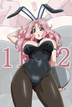 1girl animal_ears black_bow black_bowtie black_leotard black_pantyhose blush bowtie breasts cleavage covered_navel fake_animal_ears fishnet_pantyhose fishnets girls_und_panzer green_eyes large_breasts leotard lipstick long_hair makeup nao_(nao_puku777) pantyhose peach_(girls_und_panzer) pink_hair playboy_bunny rabbit_ears solo