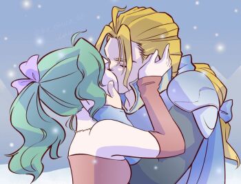 1boy 1girl armor blonde_hair blue_armor blue_cape blue_ribbon cape closed_eyes couple detached_sleeves dress edgar_roni_figaro final_fantasy final_fantasy_vi green_hair hand_in_another&#039;s_hair hetero ika_okura_66 kiss long_hair low_ponytail multi-tied_hair ponytail purple_ribbon red_dress red_sleeves ribbon shoulder_armor snow tina_branford upper_body