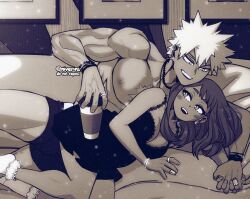 1boy 1girl bakugou_katsuki boku_no_hero_academia boxers bracelet breasts cleavage couch cup dimples disposable_cup ear_piercing earrings hetero holding_hands husband_and_wife jewelry lingerie male_underwear medium_breasts muscular muscular_male necklace nipples niverins pectorals piercing ring scar scar_on_chest socks underwear uraraka_ochako watch wedding_ring wristwatch