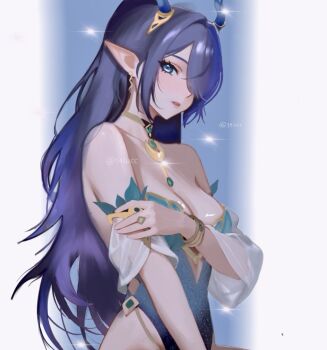 14iucc 1girl antlers aqua_leotard bare_shoulders breasts cleavage earrings genshin_impact hair_over_one_eye horns jewelry large_breasts lauma_(genshin_impact) leotard long_hair necklace parted_lips pointy_ears solo twitter_username two-tone_background very_long_hair