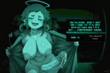 1futa argon-chan_(argonchann) argonchann blush_stickers breasts coat demon_tail dialogue_box dialogue_options english_text erection fang flashing futanari green_theme halo highres huge_penis large_breasts looking_at_viewer navel nipples no_i&#039;m_not_a_human open_clothes open_coat open_mouth opened_by_self original parody penis puffy_nipples smile solo sweat tail uncensored veins veiny_penis