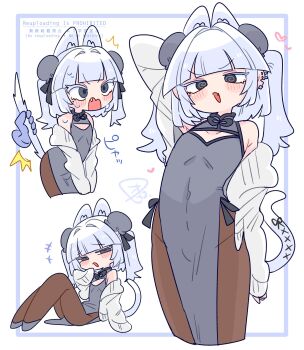 +++ 1boy :o @_@ animal_ear_fluff animal_ears arm_up bare_shoulders black_bow black_dress black_pantyhose black_ribbon blunt_bangs blush bow bulge bun_cover cardigan cat_boy cat_ears cat_tail china_dress chinese_clothes cleavage_cutout clothing_cutout collarbone commentary covered_navel cowboy_shot crossdressing crossdressing_(mtf) disembodied_hand double_bun dress ear_piercing eve_(op_na_yarou) extra_ears fang full_body grabbing_another's_tail grey_dress grey_eyes grey_shoes hair_bun hair_intakes hair_ribbon hand_to_own_mouth hand_up heart highres leaning_forward long_sleeves looking_at_viewer male_focus medium_hair mole mole_under_eye multiple_views narrowed_eyes neck_ribbon no_nose notched_ear off_shoulder op_na_yarou open_cardigan open_clothes open_mouth original pantyhose pelvic_curtain piercing raised_inner_eyebrows reclining ribbon shoes side_slit sidelocks simple_background sleeveless sleeveless_dress sleeves_past_fingers sleeves_past_wrists smug standing surprised sweatdrop tail tail_bow tail_ornament trap two_side_up v-shaped_eyebrows watermark white_background white_cardigan white_hair wide-eyed