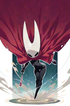 1girl arthropod_girl cloak commentary dust dust_cloud dynamic_pose english_commentary flat_chest highres holding holding_weapon hollow_knight hollow_knight:_silksong hornet_(hollow_knight) joints mask needle_(hollow_knight) polygoncherub red_cloak solo string weapon wide_hips