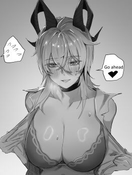 1girl absurdres blush bra breasts breath choker collarbone commentary curled_horns english_text flying_sweatdrops grey_background greyscale hair_between_eyes heart highres horns large_breasts monochrome open_clothes open_shirt parted_lips shirt smile solo spoken_flying_sweatdrops sweat torn_clothes torn_shirt twentytwo_(twenty_zwei) underwear upper_body wuthering_waves zani_(wuthering_waves)