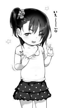 1girl atte_nanakusa blush clothes_pull covering_nipples covering_privates female_focus greyscale hair_bobbles hair_ornament hand_up highres layered_skirt loli looking_at_viewer monochrome one_side_up original polka_dot polka_dot_skirt pulling_own_clothes scrunchie shirt shirt_pull short_sleeves simple_background skirt smile solo upper_body v v-shaped_eyebrows white_background wrist_scrunchie