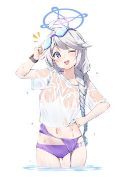 Rule 34 | 1girl, ;d, absurdres, ahoge, bikini, bikini top pull, blue archive, braid, braided ponytail, breasts, commentary request, gluteal fold, goggles, goggles on head, grey hair, halo, highres, kirino (blue archive), kirino (swimsuit) (blue archive), komasi, long hair, looking at viewer, medium breasts, navel, official alternate costume, one eye closed, open clothes, open mouth, purple bikini, shirt, smile, solo, stomach, swim goggles, swimsuit, t-shirt, untied bikini, very long hair, wading, watch, wet, wet clothes, wet shirt, white shirt, wristwatch