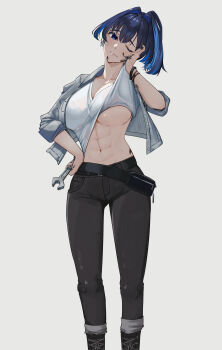 1girl abs absurdres alternate_costume belt black_belt black_boots black_pants blue_eyes blue_hair boots bracelet breasts cleavage closed_mouth clothes_lift commentary denim denim_jacket dirty dirty_face dirty_hands ear_chain earrings eipanguino english_commentary fanny_pack feet_out_of_frame hair_between_eyes hair_intakes hand_on_own_hip head_tilt highres holding holding_wrench hololive hololive_english jacket jeans jewelry lace-up_boots large_breasts lifting_own_clothes linked_piercing muscular muscular_female navel no_bra one_eye_closed open_clothes open_jacket ouro_kronii pants pants_rolled_up piercing ponytail shirt shirt_lift simple_background sleeves_rolled_up solo standing sweat underboob v-neck virtual_youtuber white_background white_shirt wiping_face wiping_with_clothes wrench