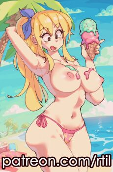 1girl arm_behind_head armpits artist_name beach bikini blonde_hair blue_ribbon blue_sky breasts brown_eyes commentary cowboy_shot english_commentary fairy_tail food food_on_body food_on_breasts hair_ribbon highres holding holding_food holding_ice_cream ice_cream large_breasts long_hair looking_down lucy_heartfilia multiple_scoops navel nipples open_mouth paid_reward_available palm_tree patreon_username pink_bikini ponytail ribbon rtil sky solo swimsuit tongue tongue_out topless_female tree watermark web_address