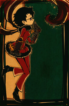 1girl alchemist_(sekaiju) alchemist_2_(sekaiju) black_hair black_shoes border commentary_request dress etrian_odyssey from_side full_body fur-trimmed_dress fur_trim gauntlets glasses highres hijikimon2mon pants purple_eyes red_dress red_pants sekaiju_no_meikyuu sekaiju_no_meikyuu_2 shoes short_hair solo two-tone_background