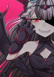 Rule 34 | 1girl, amamitsu9, aura, black gloves, black hair, collar, dark aura, dark persona, dress, evil smile, fire emblem, fire emblem engage, fire emblem heroes, gloves, highres, jewelry, long hair, multicolored hair, nintendo, pink background, red eyes, shaded face, simple background, smile, solo, tooth, two-tone hair, very long hair, veyle (fell successor) (fire emblem), veyle (fire emblem), white hair