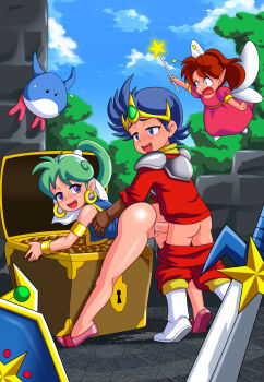 1boy 2girls absurdres angry antennae anus arabatos armor asha_(monster_world) ass bangle blue_eyes blue_hair blue_sky blush boots bracelet breasts brown_hair clitoris cloud cloudy_sky commission commissioner_upload creature crown day dress earrings fairy feet flying gauntlets green_hair happy_sex hetero high_ponytail highres huge_filesize jewelry kodomo_doushi leaning_forward lock loli long_pointy_ears monster_world monster_world_iv multiple_girls open_mouth outdoors pants penis pepelogoo pointy_ears ponytail priscilla_(monster_world) purple_eyes pussy pussy_juice pussy_juice_puddle scowl sega sex sex_from_behind shield shine shion_(monster_world) shoes shota sky smile standing star_(symbol) stone_floor sweatdrop sword tagme treasure treasure_chest tree tunic turban uncensored vaginal wall wand weapon wings wonder_boy wonder_boy_v_monster_world_iii wristband