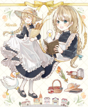 Rule 34 | 1girl, :d, ^ ^, animal, apple, apron, argyle background, bag, baguette, basket, bird, black shoes, blonde hair, blue bow, blue dress, blue eyes, blush, book, bottle, bow, braid, bread, building, character name, chinstrap, closed eyes, commentary request, cutting board, double-parted bangs, dress, duck, flower, food, frilled apron, frilled dress, frills, fruit, full body, hair bow, hat, hat flower, headscarf, highres, holding, holding bag, holding book, inset border, jam, long dress, long hair, long sleeves, mary janes, milk bottle, multiple views, open book, open mouth, orange ribbon, original, pantyhose, paper bag, puffy long sleeves, puffy sleeves, ribbon, shoes, skirt hold, smile, straw hat, tententuyu, tulip, twin braids, walking, wheat, white apron, white pantyhose, yellow ribbon