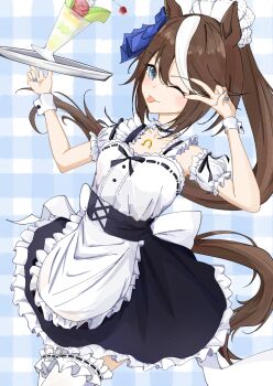 alternate_costume animal_ears apron black_dress blue_eyes blue_nails blush brown_hair closed_mouth commentary_request detached_sleeves dress hair_between_eyes holding holding_tray horse_ears horse_girl horse_tail ka_ga_chi long_hair looking_at_viewer maid_apron maid_headdress one_eye_closed sidelocks smile tail thighhighs tokai_teio_(umamusume) tongue tongue_out tray umamusume white_thighhighs wrist_cuffs