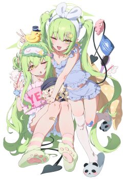 2girls :d absurdres alternate_costume animal_slippers aoba_(blue_archive) asymmetrical_legwear bandaid bandaid_on_knee bandaid_on_leg bloomers blue_archive blue_bloomers blue_camisole camisole character_doll commentary demon_girl demon_tail doll fang green_hair green_halo green_socks hair_brush hair_ornament hairclip halo highres hikari_(blue_archive) holding holding_toothbrush long_hair mismatched_legwear multiple_girls nozomi_(blue_archive) one_eye_closed open_mouth pajamas panda_slippers parallel_hairclips paw_print_soles pointy_ears rubber_duck siblings simple_background single_sock single_thighhigh sisters skin_fang sleep_mask slippers smile socks star_(symbol) star_hair_ornament striped_clothes striped_socks tail tanghulu_(bbbb1123112) thighhighs toothbrush twins twintails underwear v-shaped_eyebrows very_long_hair white_background white_socks white_thighhighs yellow_eyes yes yes-no_pillow