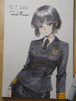 Rule 34 | 1girl, art tools in frame, artist name, black hair, black jacket, black necktie, black skirt, buttons, commentary, dated, double-breasted, hair ornament, hairclip, highres, hisama tomoki, jacket, kantai collection, looking at viewer, military uniform, myoukou (kancolle), necktie, purple eyes, shirt, simple background, skirt, solo, traditional media, white background, white shirt