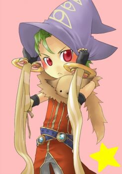 1boy :&lt; animal animal_around_neck belt black_gloves blue_belt closed_mouth commentary_request cowboy_shot detached_sleeves elbow_gloves eye_print fingerless_gloves fox gloves green_hair hat looking_at_viewer make_adog male_focus pink_background professor_(ragnarok_online) purple_hat ragnarok_online red_eyes red_shirt shirt short_hair simple_background sleeveless sleeveless_shirt solo star_(symbol) striped_sleeves v-shaped_eyebrows witch_hat yellow_sleeves