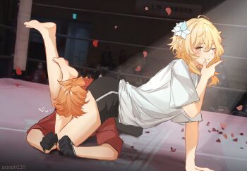 Rule 34 | 1boy, 1girl, alternate costume, black gloves, blonde hair, couple, dolphin shorts, flower, full body, genshin impact, gloves, hair flower, hair ornament, hashtag-only commentary, heart, hetero, highres, lumine (genshin impact), one eye closed, orange hair, red shirt, shirt, short hair, shorts, smile, sushikosan122, tartaglia (genshin impact), white flower, white shirt, wrestling, wrestling ring