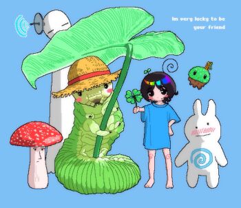 1girl ahoge barefoot black_eyes blue_background blue_shirt blush_stickers caterpillar clover creature dot_nose eli_(chibitoad) english_text full_body hat highres holding holding_clover holding_leaf jaggy_lines leaf mushroom original rabbit satellite_dish shirt simple_background smile standing straw_hat swirl t-shirt wolf_cut