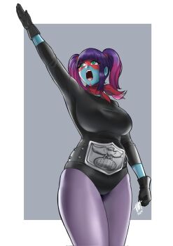 1girl arms_up artist_request bare_legs black_leotard breasts curvy gradient_hair green_eyes highres kamen_rider leotard lips long_hair looking_back multicolored_hair pantyhose purple_hair solo standing toujima_tanzaburou_wa_kamen_rider_ni_naritai twintails wide_hips yukarisu