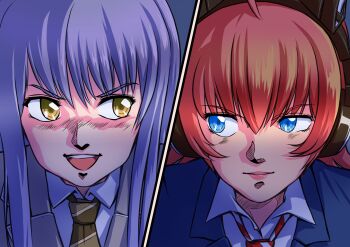 2girls bang_dream! beige_jacket blazer blue_eyes blue_jacket brown_neckwear collared_shirt derivative_work hiraken jacket looking_to_the_side minato_yukina multiple_girls necktie open_mouth parody red_hair red_neckwear screenshot_redraw shirt smile split_screen tamade_chiyu top_wo_nerae! top_wo_nerae!_(series) v-shaped_eyebrows white_shirt yellow_eyes