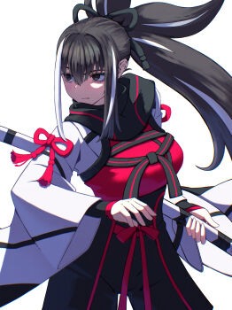 1girl absurdres barsee black_eyes black_hair breasts fate/grand_order fate_(series) highres holding holding_sword holding_weapon japanese_clothes kawakami_gensai_(fate) kawakami_gensai_(first_ascension)_(fate) large_breasts long_hair long_sleeves multicolored_hair ponytail scabbard sheath solo sword weapon white_hair