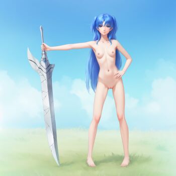1girl absurdres barefoot blue_eyes blue_hair blue_sky breasts chtholly_nota_seniorious cleft_of_venus closed_mouth cloud collarbone commission commissioner_upload completely_nude day full_body gluteal_fold grass hand_on_own_hip highres holding holding_sword holding_weapon huge_weapon jewelry long_hair looking_at_viewer miura-n315 navel nipples nude nudist outdoors outstretched_arm petite pussy ring shuumatsu_nani_shitemasu_ka? sky small_breasts smile solo standing sword two_side_up uncensored very_long_hair weapon