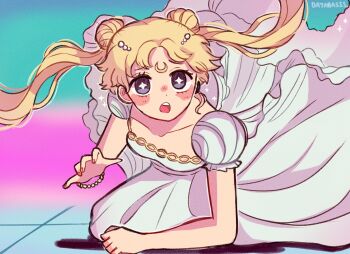 +_+ 1girl :o artist_name bad_source bayabasss bishoujo_senshi_sailor_moon blonde_hair blush bracelet bright_pupils crescent crescent_facial_mark derivative_work double_bun dress eyelashes facial_mark fingernails forehead_mark hair_bun hair_ornament highres jewelry kneeling long_hair open_mouth puffy_short_sleeves puffy_sleeves purple_eyes sailor_moon screenshot_redraw short_sleeves solo teeth tumblr_banner twintails upper_teeth_only white_dress white_pupils