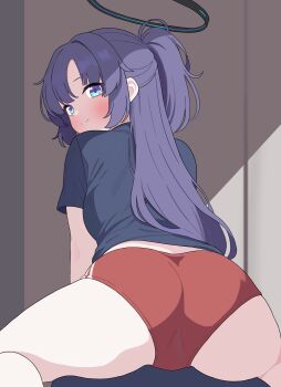 1girl absurdres arm_support ass black_halo black_shirt blue_archive blue_eyes blush buruma from_behind gym_uniform halo highres leaning_forward light_smile long_hair looking_at_viewer looking_back mechanical_halo official_alternate_costume official_alternate_hairstyle ponytail purple_hair red_buruma shirt short_sleeves sidelocks solo thejx_063 thighs track_suit yuuka_(blue_archive) yuuka_(track)_(blue_archive)