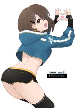 1girl absurdres ass black_gloves black_shorts black_thighhighs blue_hoodie blue_nails brown_hair cat_earrings crop_top crop_top_overhang cropped_hoodie earrings english_text fav_faris fingerless_gloves gloves hair_ornament hairclip hands_up heart heart_hands highres hood hood_down hoodie jewelry leaning_forward long_bangs looking_at_viewer looking_back median_furrow medium_hair micro_shorts milestone_celebration nail_polish open_mouth original parted_bangs shorts simple_background smile solo standing thank_you thighhighs turning_head white_background