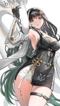 1girl absurdres baizhi_(wuthering_waves) bare_shoulders black_dress black_gloves black_hair breasts commentary_request covered_navel creature detached_sleeves dress earrings flower gloves gradient_hair green_eyes green_hair hair_flower hair_ornament hand_up highres howie_(high_matsu) jewelry large_breasts long_hair looking_at_viewer multicolored_hair pangu_terminal_(wuthering_waves) parted_lips partially_fingerless_gloves simple_background streaked_hair tacet_mark_(wuthering_waves) thighlet thighs white_background wuthering_waves yellow_flower you'tan_(wuthering_waves)