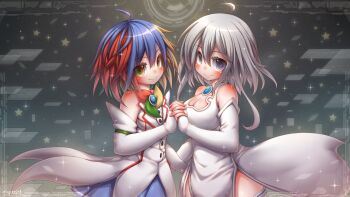 2girls ahoge artist_name blonde_hair blue_eyes blue_hair blush breasts cleavage cleavage_cutout closed_mouth clothing_cutout commission detached_sleeves emperpep google-tan google_chrome green_eyes green_hair grey_eyes grey_hair highres holding_hands large_breasts looking_at_viewer medium_breasts medium_hair multicolored_eyes multicolored_hair multiple_girls original red_eyes red_hair safari-tan short_hair signature smile