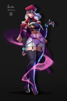 Rule 34 | 1girl, artist name, black background, black boots, black gloves, black tube top, boots, breasts, chair, character name, cleavage, cleavage cutout, clothing cutout, coat, commentary, earrings, elbow gloves, english commentary, eyepatch, fingerless gloves, gloves, han juri, hat, highres, jewelry, looking at viewer, military hat, military uniform, neon (neonzitos), open clothes, open coat, pink eyes, scar, scar on face, shorts, simple background, single earring, solo, strapless, street fighter, thigh boots, tube top, white coat, white hair, white shorts