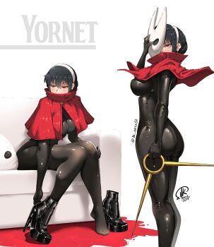 1girl ass black_bodysuit black_hair black_shoes blush bodysuit boots breasts cape capelet cloak cosplay couch curvy earrings feet gold_earrings gold_hairband hairband high_heel_boots high_heels highres holding hollow_knight hornet_(hollow_knight) hornet_(hollow_knight)_(cosplay) jewelry jk_arts knees_together_feet_apart large_breasts latex latex_bodysuit long_hair looking_at_viewer mask multiple_views needle_(hollow_knight) no_shoes on_couch red_capelet red_cloak red_eyes shoes single_shoe sitting spy_x_family thick_thighs thighs toes weapon white_background white_hairband white_mask yor_briar