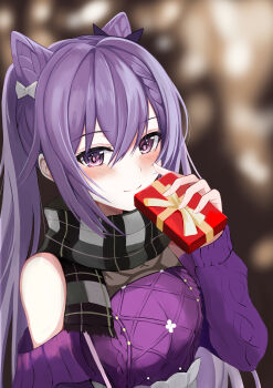 1girl absurdres aran_sweater arm_at_side bag bare_shoulders beads belt black_ribbon black_scarf blurry blurry_background blush bow braid braided_bangs breasts bright_pupils cable_knit casual choppy_bangs closed_mouth cone_hair_bun double_bun flower flower_ornament frilled_skirt frills genshin_impact gift hair_between_eyes hair_bow hair_bun hair_ears hair_flower hair_ornament hair_ribbon hand_up highres holding holding_gift hoshinori19 keqing_(genshin_impact) keqing_(lantern_rite)_(genshin_impact) lace_shirt long_hair long_skirt long_sleeves looking_at_viewer medium_breasts multicolored_scarf off-shoulder_sweater off_shoulder official_alternate_costume outdoors parted_bangs plaid_clothes plaid_scarf purple_eyes purple_hair purple_sweater ribbon scarf shoulder_bag side_braid sidelocks skirt smile solo standing straight_hair sweater sweater_tucked_in twintails undershirt very_long_hair white_bag white_belt white_bow white_scarf white_skirt