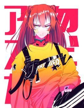1girl absurdres alternate_costume bad_id bad_twitter_id bandaid bandaid_on_cheek bandaid_on_face bodysuit bodysuit_under_clothes commentary english_commentary gradient_sweater highres holster interface_headset_(evangelion) long_hair looking_at_another mecha_pilot_suit neon_genesis_evangelion plugsuit_(evangelion) print_sweater product_placement red_bodysuit red_hair sleeves_past_wrists solo souryuu_asuka_langley sweater upper_body vinne