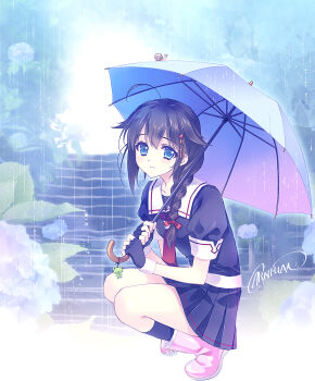 Rule 34 | 1girl, ahoge, artist name, black hair, black serafuku, blue eyes, boots, braid, carnelian, commentary request, fingerless gloves, flower, gloves, hair flaps, hair ornament, hair over shoulder, highres, kantai collection, long hair, looking at viewer, neckerchief, rain, red neckerchief, school uniform, serafuku, shigure (kancolle), shigure kai ni (kancolle), single braid, snail, solo, squatting, umbrella, yellow boots
