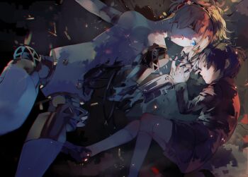 1boy 1girl aigis_(persona) android bad_id bad_pixiv_id battle_damage black_jacket black_shorts blonde_hair blue_eyes blue_hair breasts child damaged hair_over_one_eye half-closed_eyes hand_grab jacket joints kneehighs looking_at_another lying mechabare on_back on_ground on_side parted_lips persona persona_3 robot_joints shell_casing shoes short_hair shorts small_breasts socks syokumura white_socks yuuki_makoto_(persona_3)