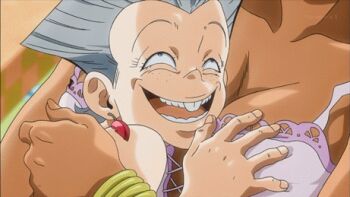 1boy 1girl animated animated_gif breasts dark_skin grabbing_another&#039;s_breast groping hetero jean_pierre_polnareff jojo_no_kimyou_na_bouken large_breasts lowres malena_(jojo) naughty_face open_mouth shota smile stardust_crusaders
