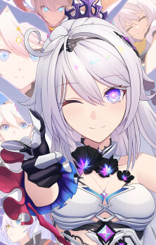 Rule 34 | 1girl, absurdres, bare shoulders, blue eyes, blush, breasts, closed mouth, commentary request, dead angels, derivative work, finger gun, gauntlets, hair ornament, highres, honkai (series), honkai impact 3rd, kiana kaslana, kiana kaslana (herrscher of finality), kiana kaslana (herrscher of flamescion), kiana kaslana (herrscher of the void), kiana kaslana (void drifter), kiana kaslana (white comet), long hair, looking at viewer, medium breasts, official art inset, official art redraw, one eye closed, purple pupils, smile, solo, star-shaped pupils, star (symbol), symbol-shaped pupils, upper body, white hair