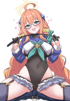 1boy 1girl :d absurdres ahoge aqua_neckerchief black_gloves black_leotard black_thighhighs blue_archive blue_eyes blue_shirt blunt_bangs blush braid breasts bulge commentary covered_navel cowboy_shot cropped_shirt fang frilled_thigh_strap furrowed_brow garter_straps girl_on_top glasses gloves gluteal_fold groin half_gloves halo hands_up heart hetero highleg highleg_leotard highres impossible_clothes impossible_leotard intron large_breasts leotard long_hair long_sleeves low_twintails neckerchief official_alternate_costume official_alternate_hairstyle open_mouth orange_hair pov pov_crotch purple-framed_eyewear semi-rimless_eyewear shimiko_(blue_archive) shimiko_(magical)_(blue_archive) shirt sidelocks simple_background skin_fang smile solo_focus spread_legs straight-on thigh_strap thighhighs thighs twin_braids twintails very_long_hair white_background yellow_halo