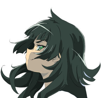 1girl blunt_bangs closed_mouth commentary_request from_side green_eyes green_hair highres hiyajou_maho long_hair looking_at_viewer messy_hair portrait profile sadarann science_adventure sideways_glance simple_background smile solo steins;gate steins;gate_0 white_background