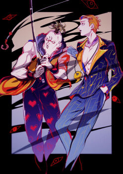 2boys bare_pectorals beach_boy_(stand) blonde_hair blue_jacket blue_pants coat fishing fishing_rod fur_trim green_hair heart heart_print highres hook jacket jewelry jojo_no_kimyou_na_bouken magatama magatama_necklace mizudama multiple_boys necklace open_mouth pants pectorals pesci prosciutto_(jojo) sleeveless sleeveless_coat vento_aureo wristband yellow_coat