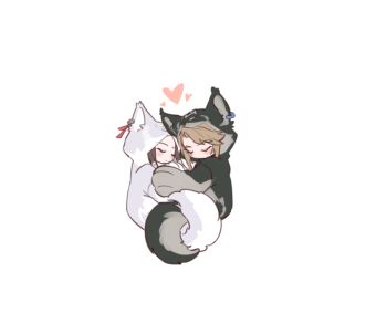 1boy 1girl animal_earrings animal_ears blonde_hair brown_hair chibi closed_eyes cuddling grey_fur hair_ribbon kurokawa_karasu light_blush link nintendo princess_zelda ribbon sidelocks sleeping swept_bangs the_legend_of_zelda the_legend_of_zelda:_twilight_princess white_background white_fur wolf_ears wolf_hood wolf_link
