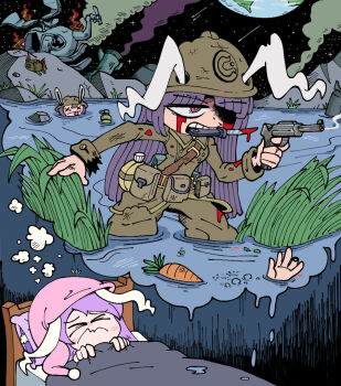 >_< 1girl aircraft animal_ears battle bed belt blanket_grab blood blood_drip bloody_tears bomb brown_belt brown_coat brown_pants carrot closed_eyes closed_mouth coat corpse cowboy_shot crash_landing ears_through_headwear earth_(planet) explosive fire flashback frown grenade gun handgun hat helicopter helmet holding holding_gun holding_weapon kevin_arthur knife_in_mouth long_hair missile moon moon_rabbit_extra_(touhou) nightcap nightmare open_mouth pants pillow pink_eyes pink_headwear planet pouch purple_hair rabbit_ears rabbit_girl reeds reisen_udongein_inaba scratches sky smoke star_(sky) starry_sky torn_clothes torn_coat touhou very_long_hair wading war water weapon x_x