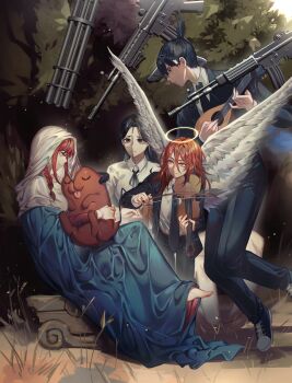 Rule 34 | 2boys, 2girls, absurdres, angel devil (chainsaw man), angel wings, barefoot, black hair, black necktie, black ribbon, braid, chainsaw man, collared shirt, commentary, cosplay, fine art parody, floating gun, gatling gun, hayakawa aki, highres, instrument, kikan (kikanoe), la vierge aux anges, lute (instrument), makima (chainsaw man), multiple boys, multiple girls, music, necktie, parody, parted lips, playing instrument, pochita (chainsaw man), ponytail, princi (chainsaw man), red hair, ribbon, shirt, smile, violin, virgin mary, virgin mary (cosplay), weapon request, white wings, wings, zipper