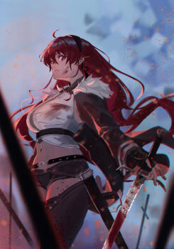 1girl ahoge belt black_hairband blood blood_on_clothes blood_on_face blood_splatter bloody_weapon breasts brown_shorts brown_thighhighs closed_mouth commentary cropped_shirt eris_greyrat es_limi evening field_of_blades from_below fur-trimmed_jacket fur_trim hairband highres holding holding_sword holding_weapon jacket large_breasts long_hair long_sleeves looking_at_viewer mushoku_tensei navel open_clothes open_jacket outdoors planted planted_sword planted_weapon red_eyes red_hair shirt short_shorts shorts sky sleeveless sleeveless_shirt solo standing sword thighhighs weapon white_shirt